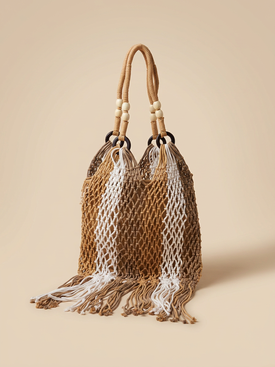 Bolso macramé tejido en tonos naturales con flecos – vista frontal