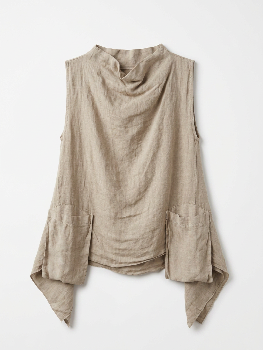 Blusa de lino natural sin mangas con cuello drapeado, bolsillos de parche y ruedo asimétrico en punta