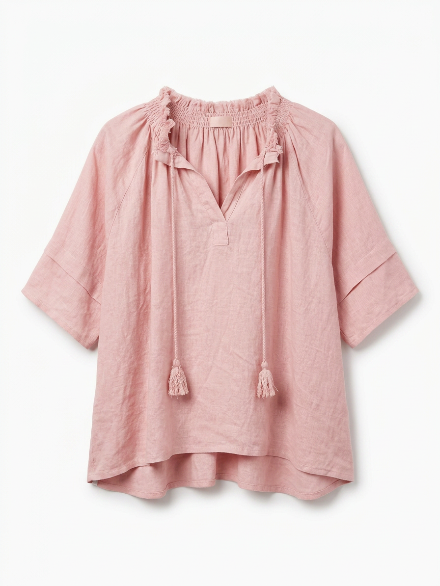Blusa Gitana de Lino con Borlas en rosa palo