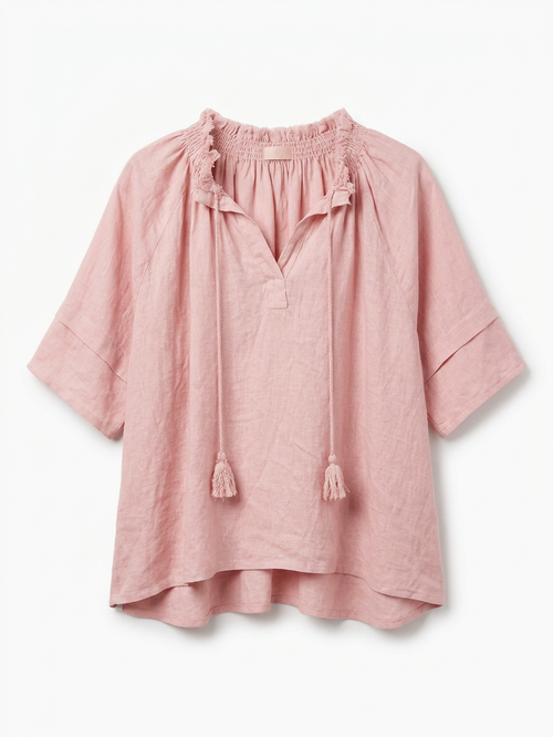 Blusa Gitana de Lino con Borlas en rosa palo