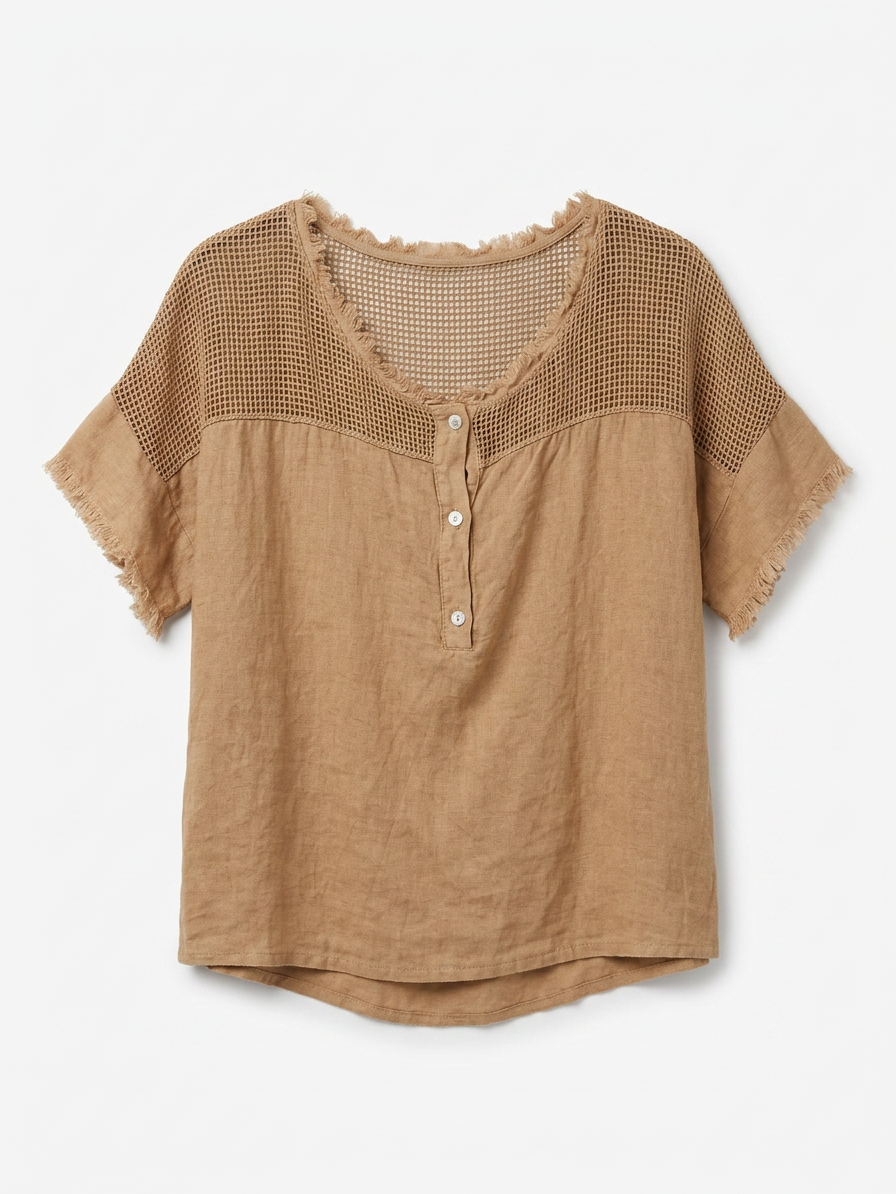 Blusa Lucas de Lino con Canesú Calado en tono carmelita