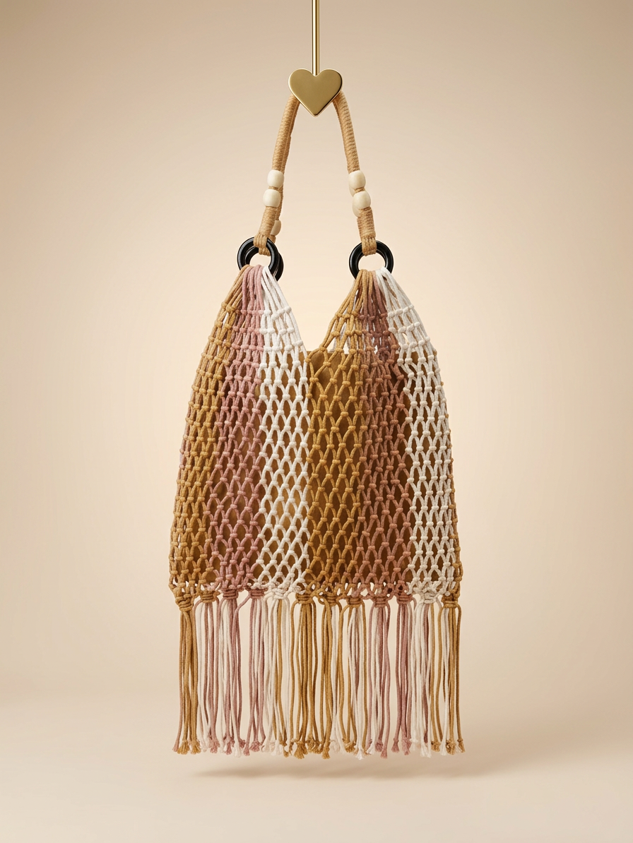 Bolso macramé en tonos verdes y naturales con flecos
