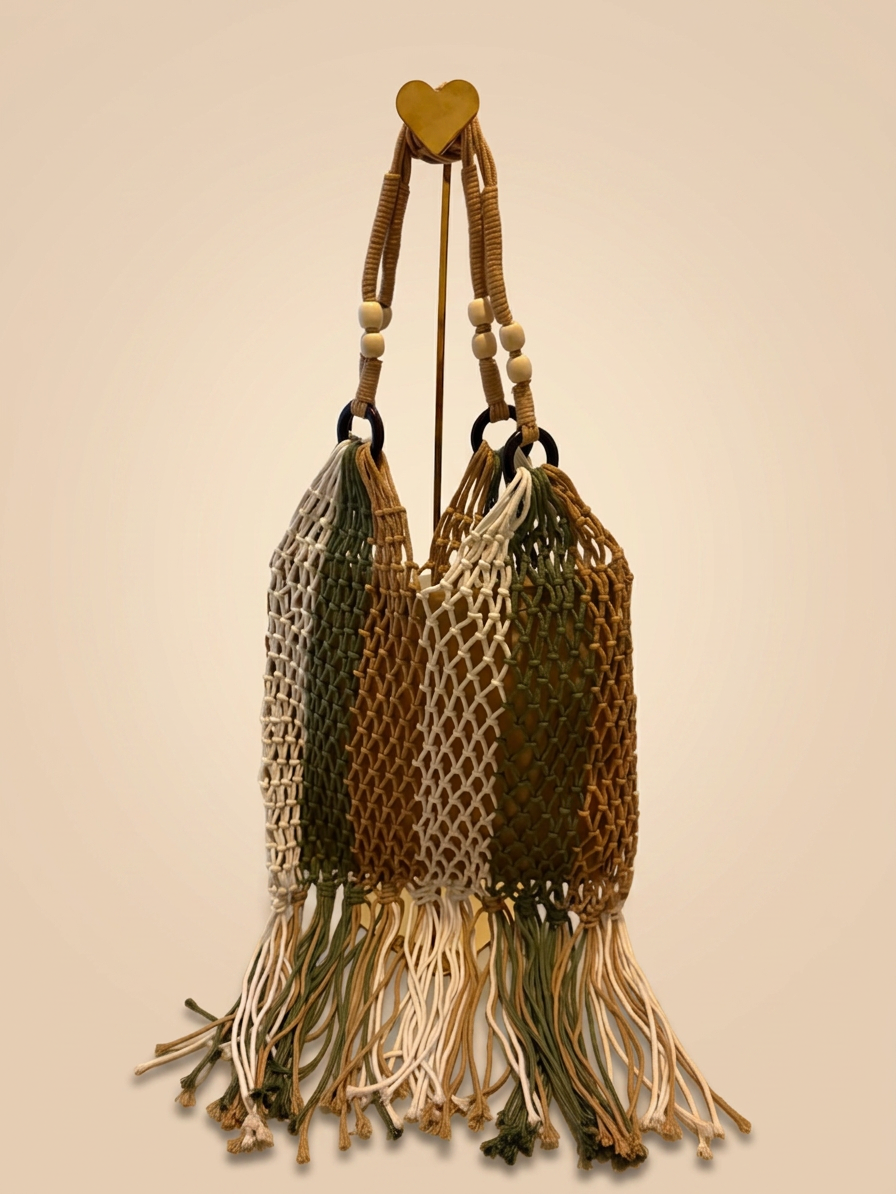 Bolso macramé en tonos rosados y beige con flecos