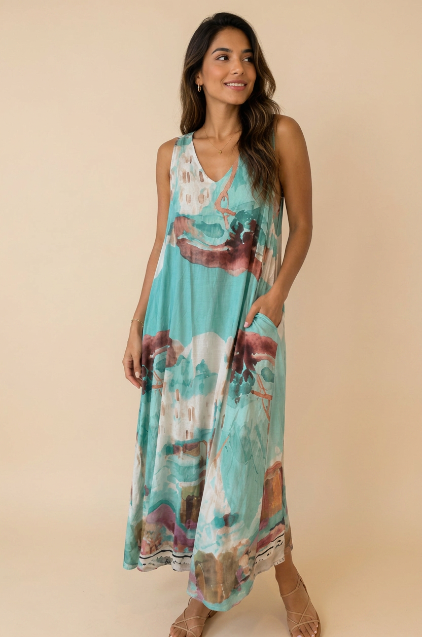 Vestido Largo Estampado Ibiza — acuarela en turquesa, vino y terracota