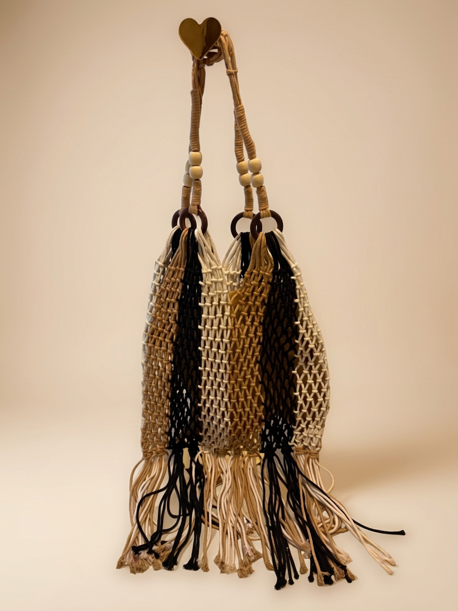 Bolso macramé en beige y blanco con flecos