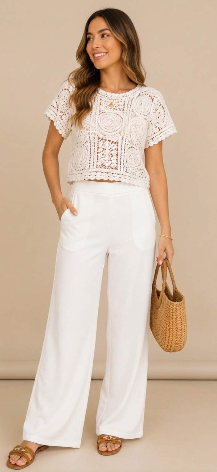 Top Crochet Nana — look con pantalón azul estrellado