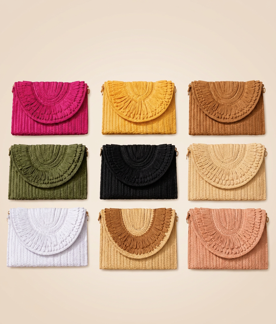 Clutch tejido de rafia en varios colores con solapa curva y flecos trenzados