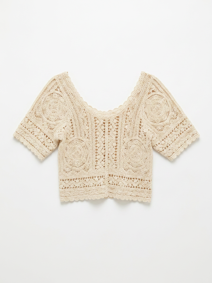 Top Crochet Nana crema — tejido a ganchillo con motivos florales y escote barco