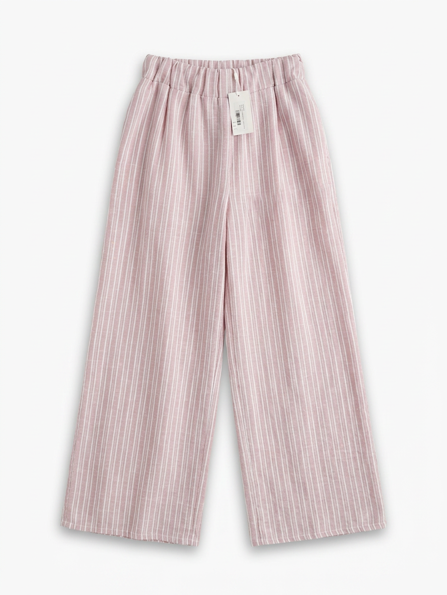 Pantalón de lino a rayas rosa palo, pierna ancha y tiro alto