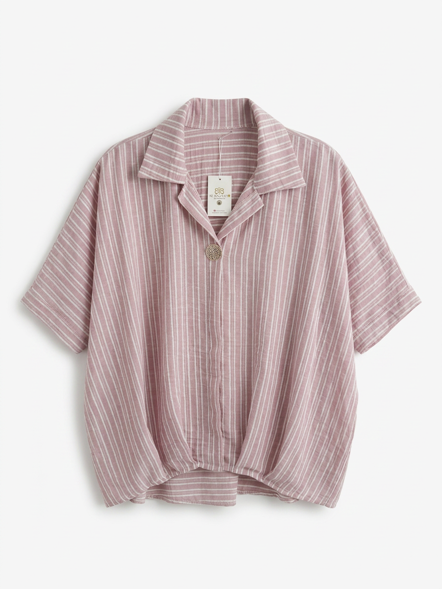 Blusa de lino a rayas rosa palo con botón dorado, corte oversize y manga corta