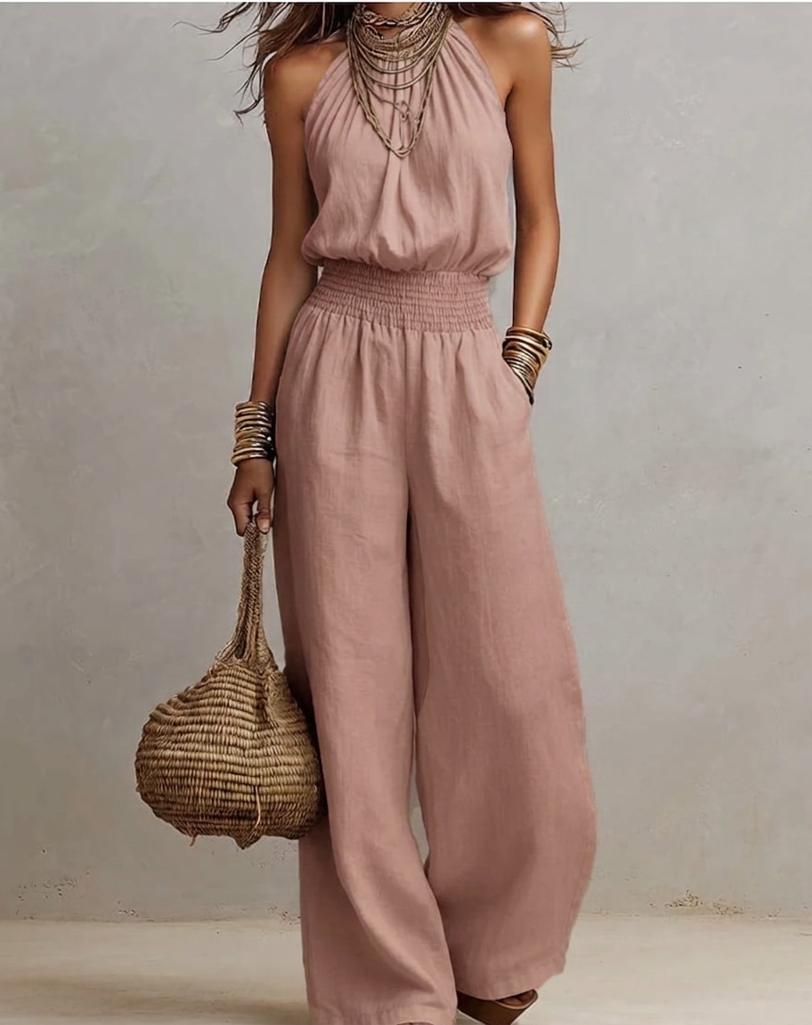 Mono Largo de Lino con Cuello Halter - Rosado