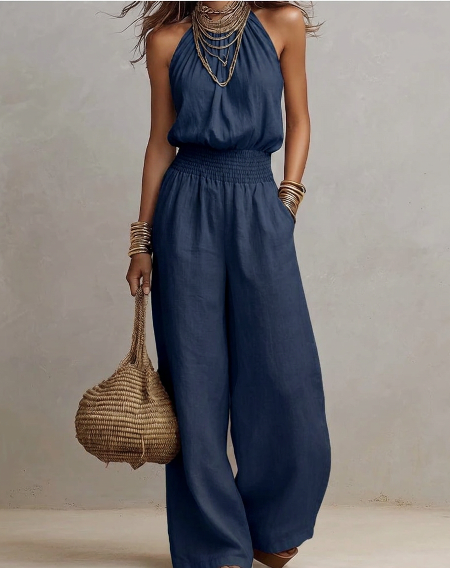 Mono Largo de Lino con Cuello Halter - Azul Marino