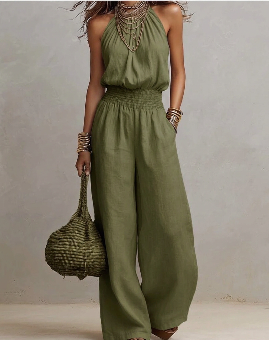 Mono Largo de Lino con Cuello Halter - Verde Olivo