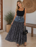 Falda Maxi Denim y Gasa Lunares Bolas Negras – canesú denim tono medio con vuelo de gasa negra lunares blancos