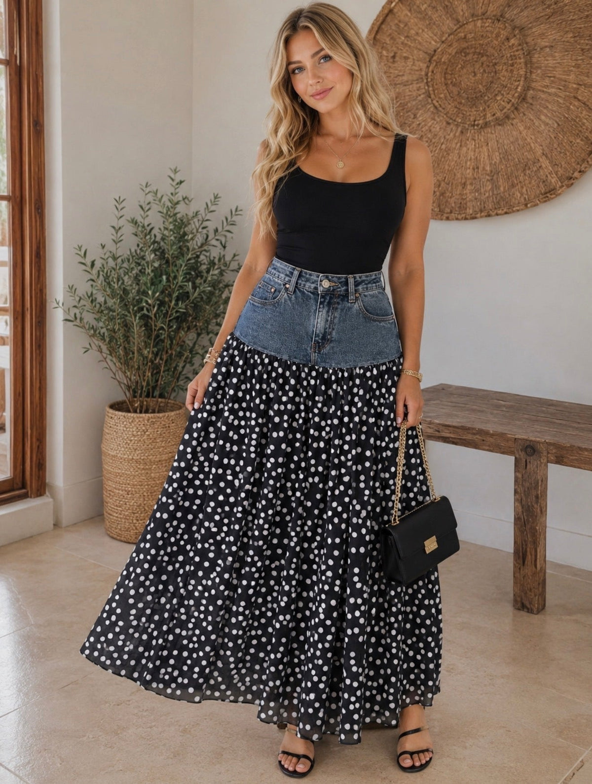 Falda Maxi Denim y Gasa Lunares Bolas Negras – canesú denim tono medio con vuelo de gasa negra lunares blancos