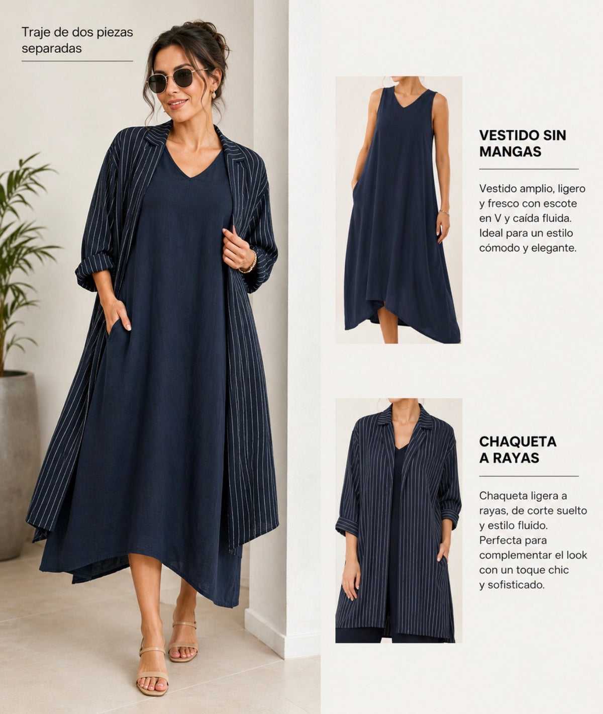 Conjunto Madelyn + Julia Navy — vestido sin mangas y kaftán a rayas