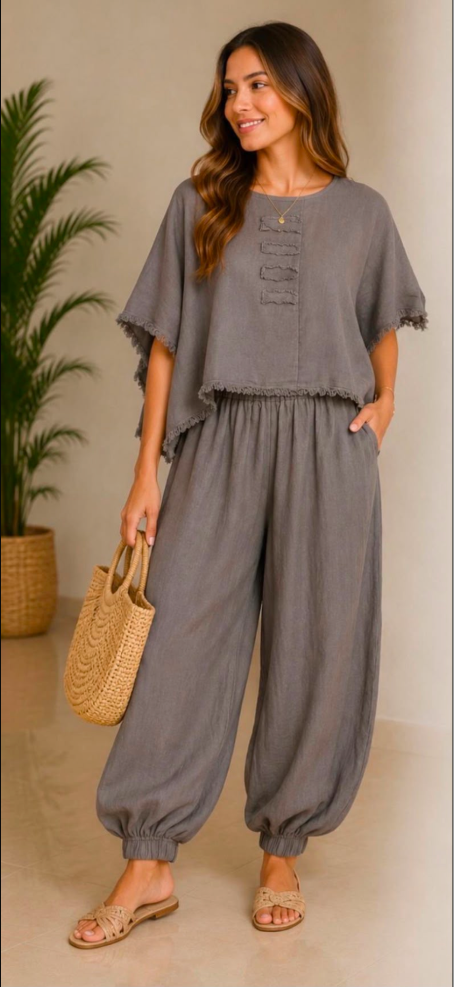 Conjunto Nilo en tono visón — blusa y pantalón de lino