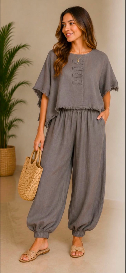Conjunto Nilo en tono visón — blusa y pantalón de lino