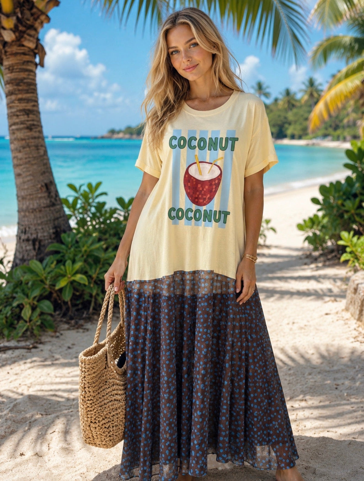 Vestido Maxi Tropical Coconut Beige – camiseta amarilla estampado coco con falda de gasa marrón lunares azules