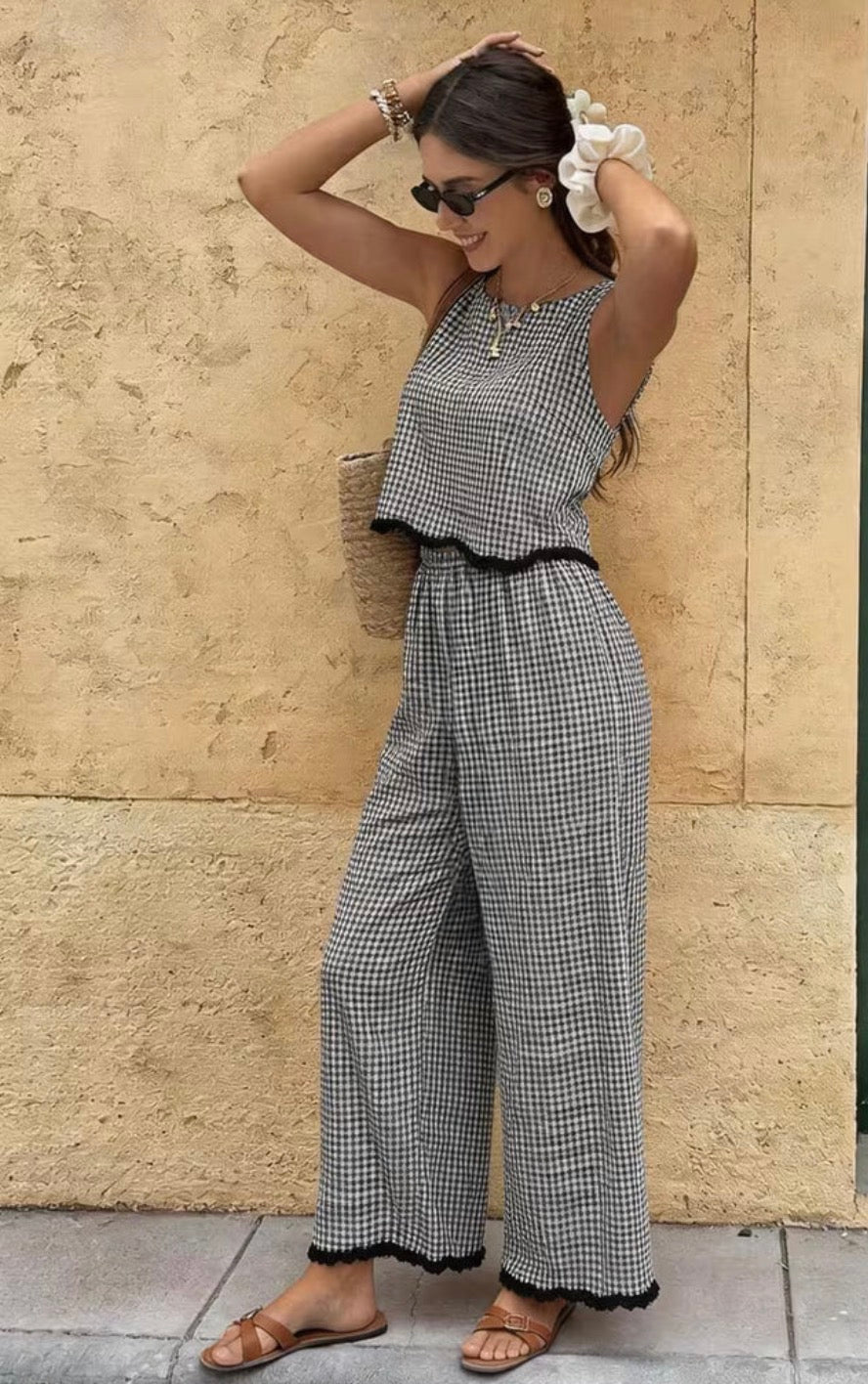 Conjunto Blusa y Pantalón Cuadros Vichy Blanco y Negro
