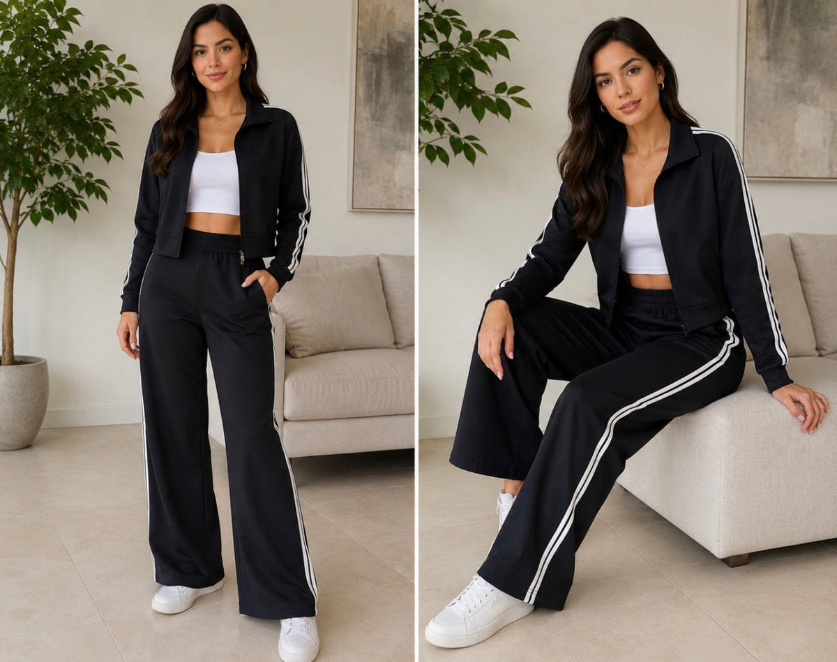 Conjunto deportivo negro con rayas laterales blancas