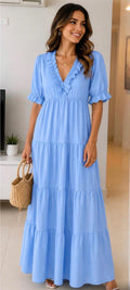 Vestido largo azul claro con volantes y corte imperio