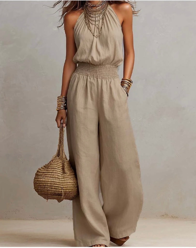 Mono Largo de Lino con Cuello Halter - Crema